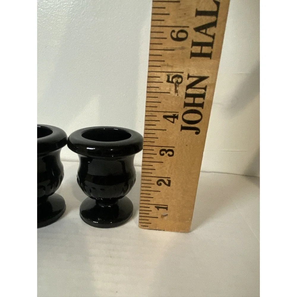 Pair of‎ Vintage Black Glass Candle Holders Miniature Urn Shaped 3
